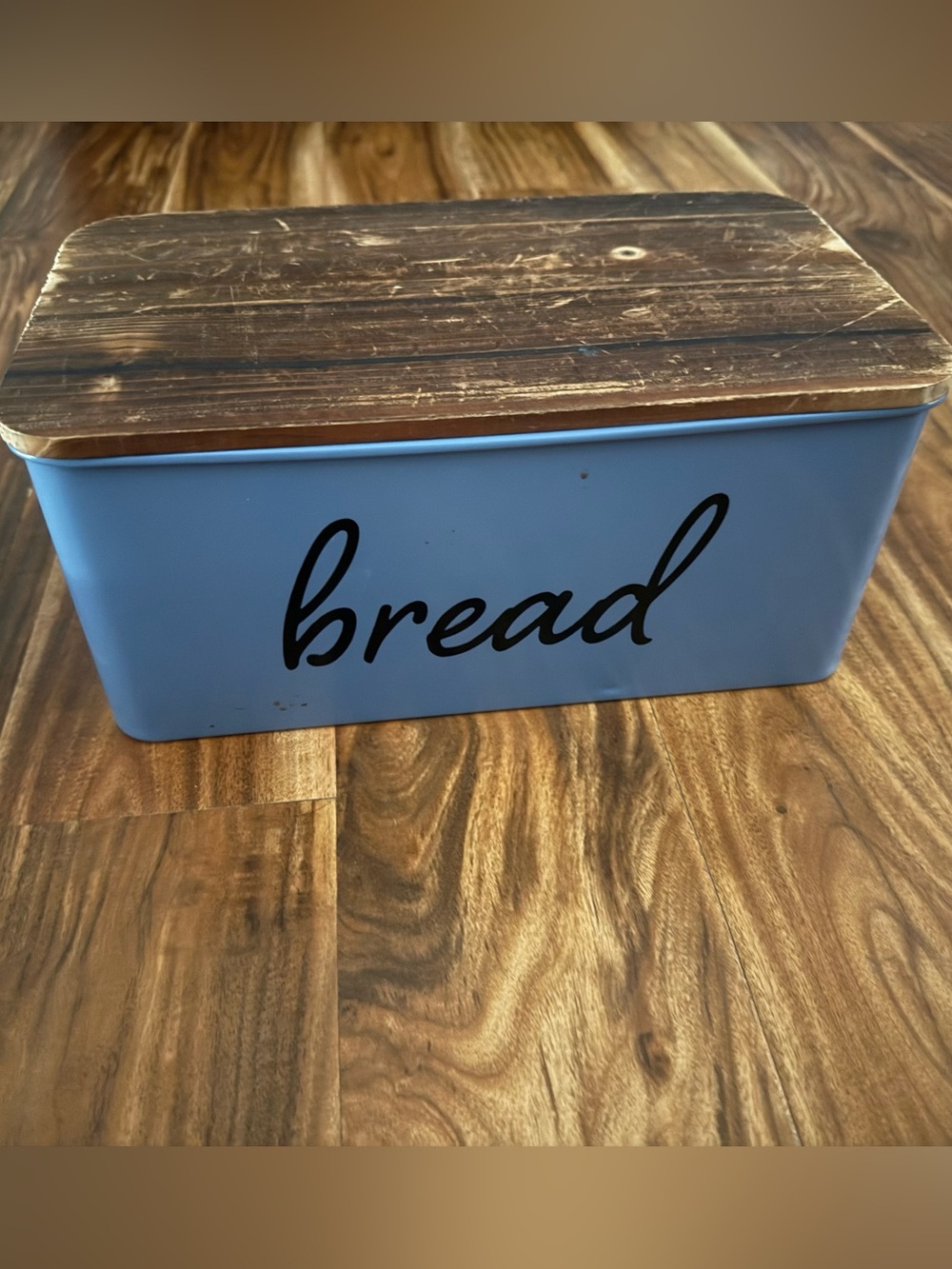 Blue Bread Box with Wooden Lid - Modern Kitchen Storage